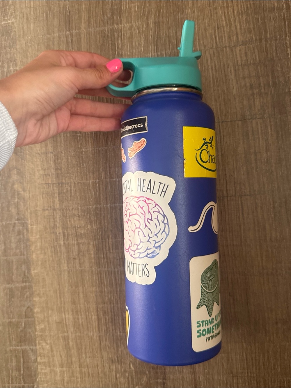 Hydro Flask Blue Bottle with Teal Lid and Assorted Stickers